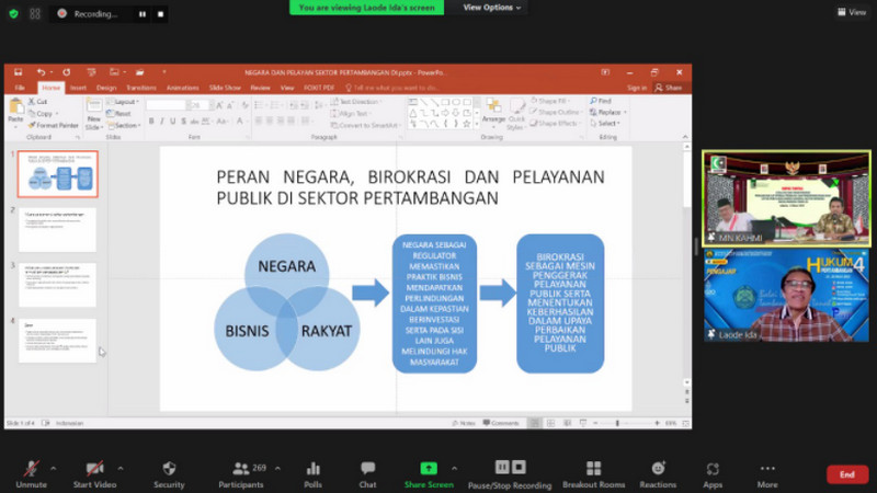 Pengamat kebijakan pertambangan, La Ode Ida (kanan bawah), menyampaikan paparannya dalam webinar "Legalitas dan Transparansi Pencabutan IUP Operasi Produksi dan Percepatan RKAB 2022 untuk PEN Sektor Minerba Pascapandemi Covid-19" yang digelar Lembaga Kajian Strategis MN KAHMI, Rabu (16/3/2022). Foto LMD MN KAHMI/Azka Rizqi